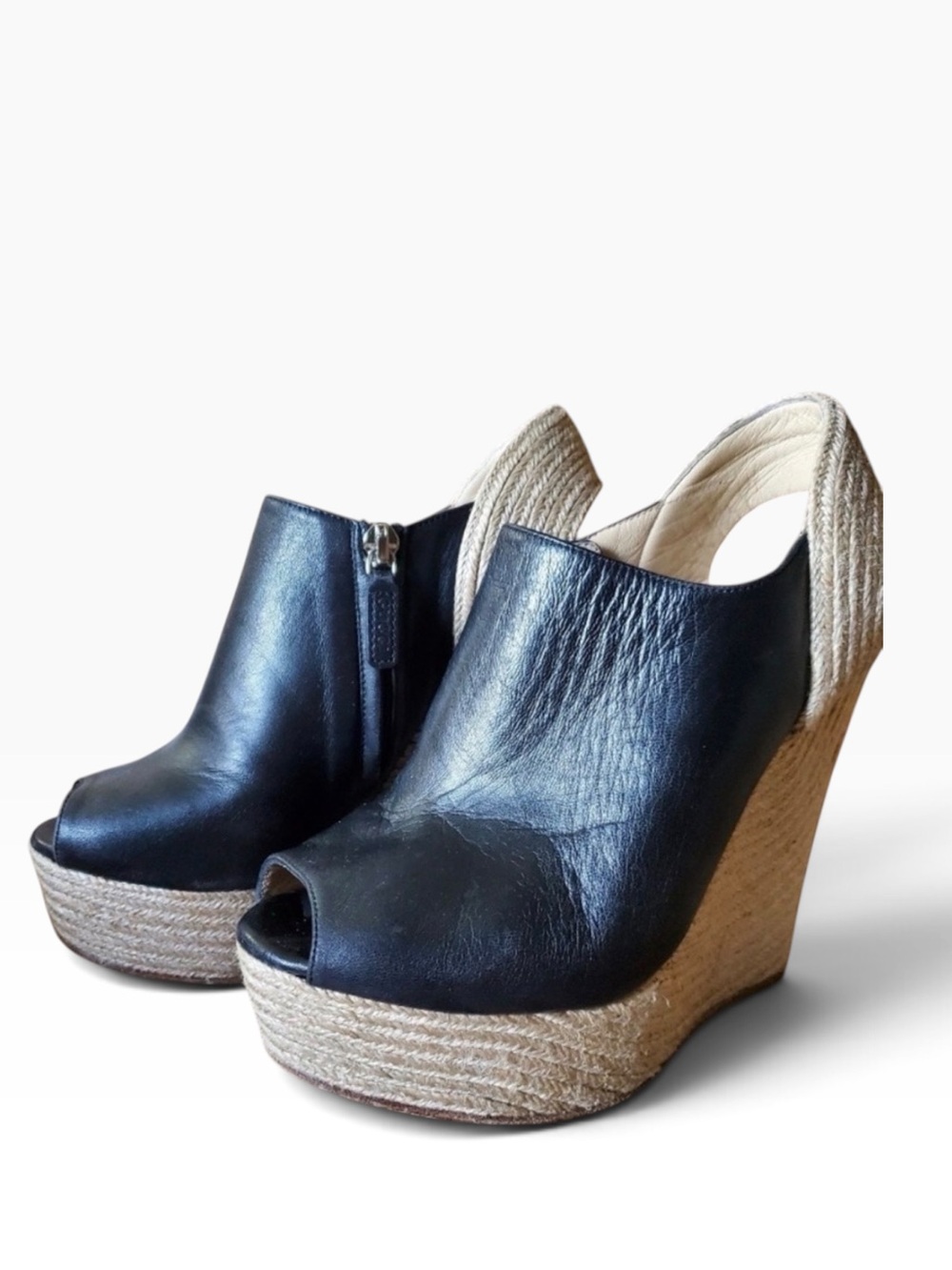 Gucci Black Leather Peep-Toe Espadrille Wedge